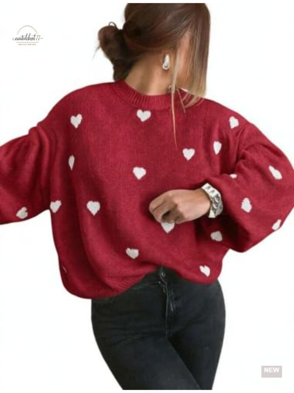 Oversized Heart Print Lantern Sleeve Crew Neck Pullover Sweater